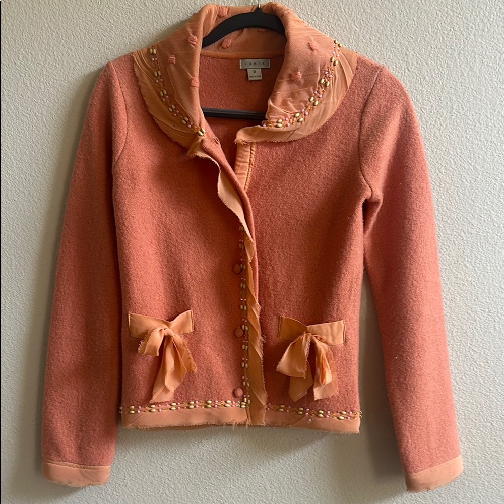 Lapis, vintage soft orange sherbet %100 wool sweater cardigan w/ Bow Details, S